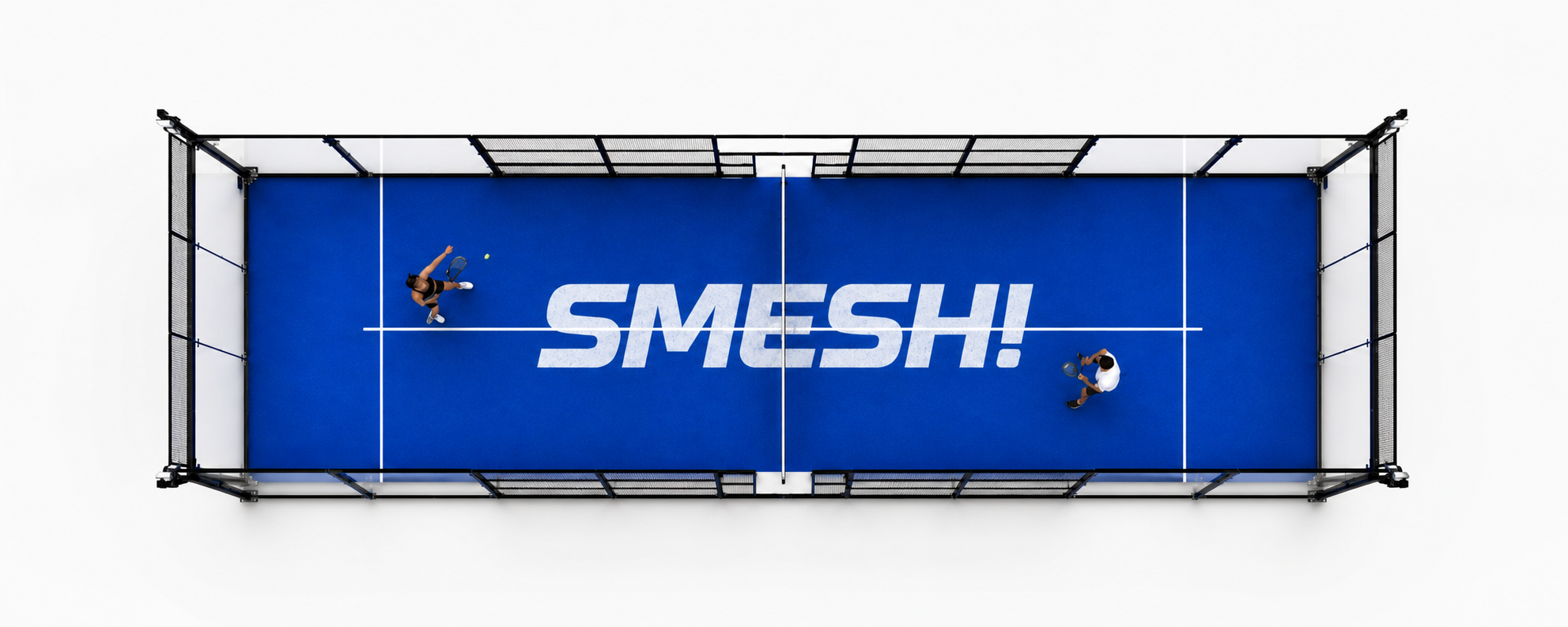 Top-down view of a SMESH! indoor sports court with two players.