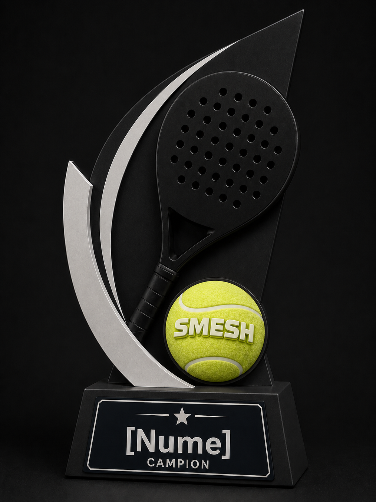 Trophy with a paddle and tennis ball on a black background, featuring the brand - 3D PRINTED on demand
